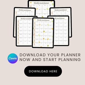 May include: A digital weekly meal planner template with a colorful fruit and vegetable design. The template is displayed on a tablet screen. The text "DOWNLOAD YOUR PLANNER NOW AND START PLANNING" is displayed below the tablet. A button with the text "DOWNLOAD HERE" is displayed below the text.