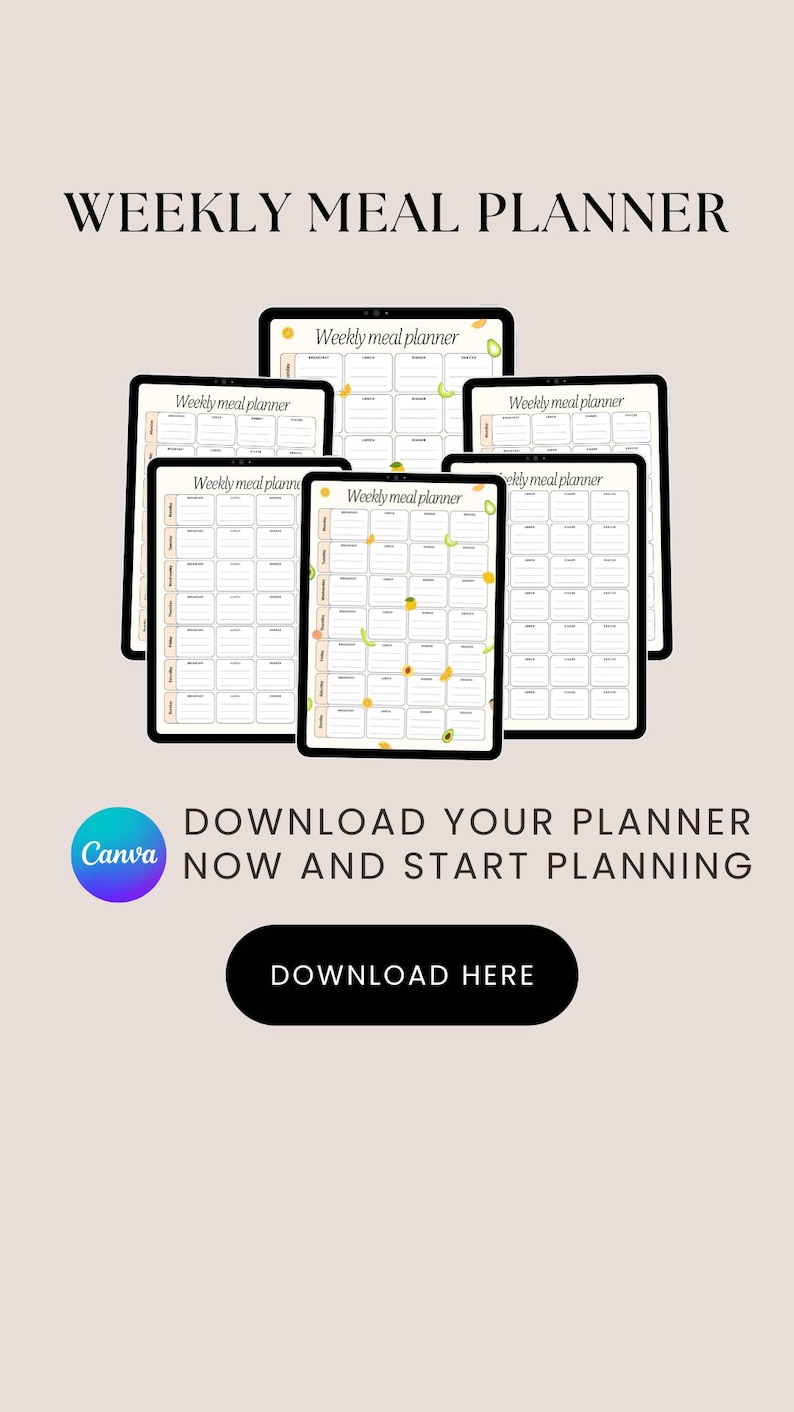 May include: A digital weekly meal planner template with a colorful fruit and vegetable design. The template is displayed on a tablet screen. The text "DOWNLOAD YOUR PLANNER NOW AND START PLANNING" is displayed below the tablet. A button with the text "DOWNLOAD HERE" is displayed below the text.