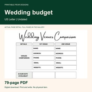 K&ouml;nnte beinhalten: Eine druckbare Hochzeitsbudget-Planerseite mit dem Titel Wedding Venues Comparison mit Feldern f&uuml;r Name, Adresse, Telefon, E-Mail und Website f&uuml;r zwei Veranstaltungsorte. Das Dokument ist im US-Letter-Format, undatiert und ein 79-seitiges PDF.