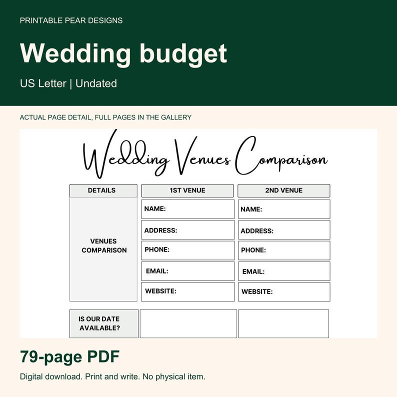 K&ouml;nnte beinhalten: Eine druckbare Hochzeitsbudget-Planerseite mit dem Titel Wedding Venues Comparison mit Feldern f&uuml;r Name, Adresse, Telefon, E-Mail und Website f&uuml;r zwei Veranstaltungsorte. Das Dokument ist im US-Letter-Format, undatiert und ein 79-seitiges PDF.