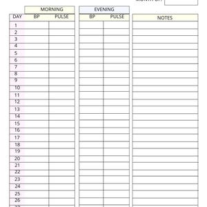 May include: A printable blood pressure tracker with columns for day, morning blood pressure, morning pulse, evening blood pressure, evening pulse, and notes. The tracker is designed to be used for a month.
