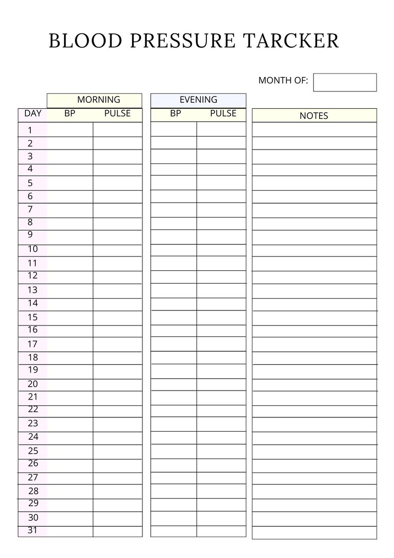 May include: A printable blood pressure tracker with columns for day, morning blood pressure, morning pulse, evening blood pressure, evening pulse, and notes. The tracker is designed to be used for a month.