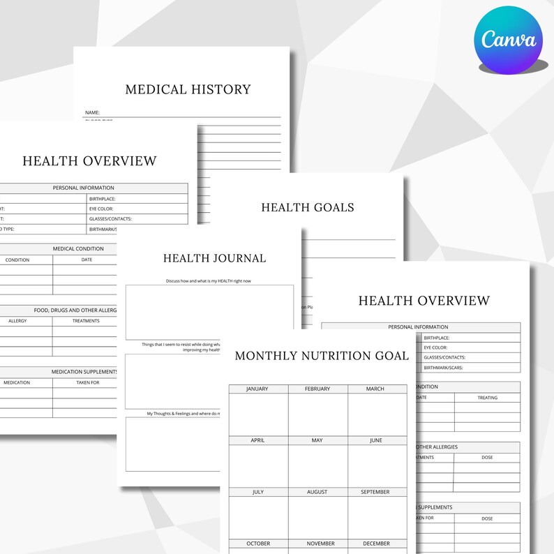 May include: Printable health journal pages with sections for medical history, health overview, health goals, and a monthly nutrition goal tracker. The pages are black and white and have a simple design.