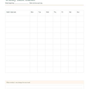 Pode incluir: Uma folha branca de rastreamento de h&aacute;bitos semanais com um logotipo de pera e o texto Printable Pear Designs. Possui uma grade para h&aacute;bitos, colunas para os dias da semana, uma linha para o in&iacute;cio da semana e uma se&ccedil;&atilde;o de notas no rodap&eacute;.
