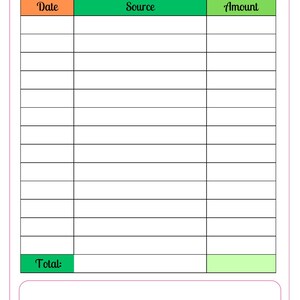 Actual Income worksheet with Date, Source and Amount columns, blank entry rows, a Total row and a blank area below. Values are entered by hand.