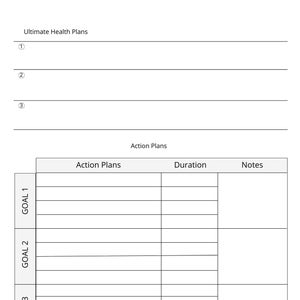 May include: A printable health goals worksheet with sections for ultimate health plans, action plans, duration, and notes. The worksheet is divided into three sections for goal 1, goal 2, and goal 3.