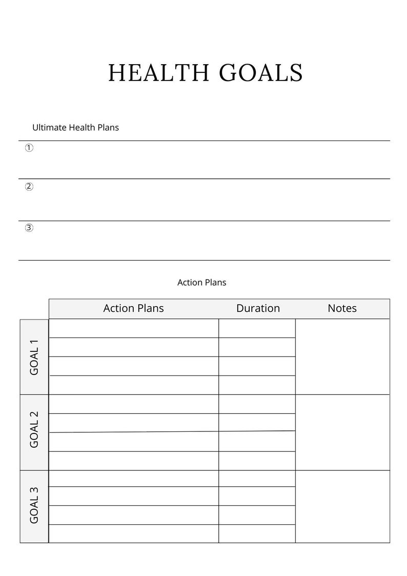 May include: A printable health goals worksheet with sections for ultimate health plans, action plans, duration, and notes. The worksheet is divided into three sections for goal 1, goal 2, and goal 3.