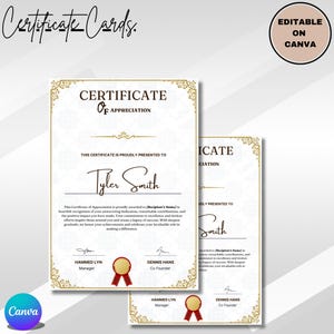 May include: A printable certificate of appreciation template with a gold border and a red ribbon. The text on the certificate reads "Certificate of Appreciation" and "This certificate is proudly presented to".