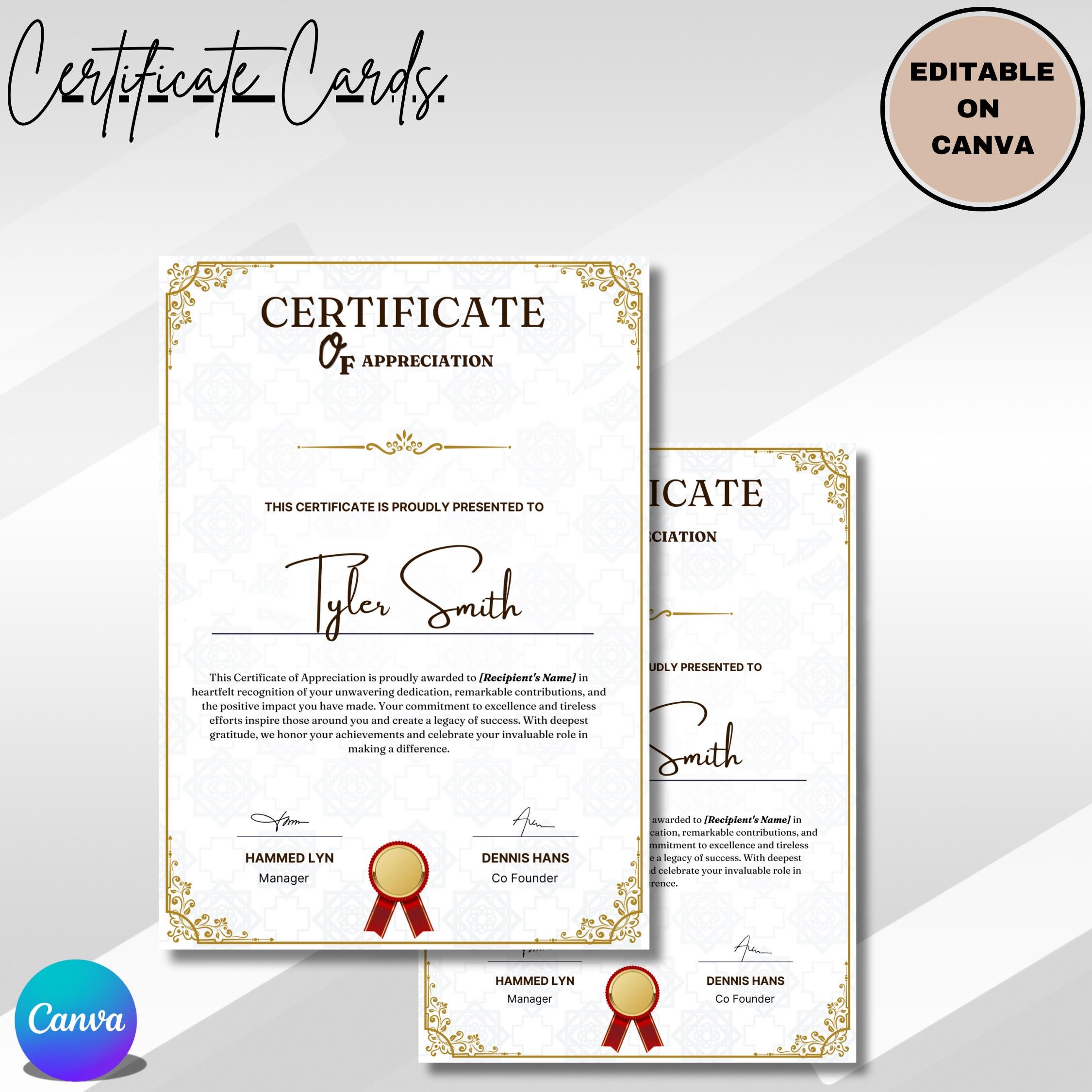 Appreciation Award Certificate, Editable Canva Template, Digital Download listing preview