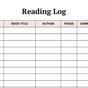 May include: A white reading log template featuring the bold black text Reading Log at the top. Below the title is a grid with five columns labeled Date, Book Title, Author, Pages, and Comments, with light pink headers and black grid lines.