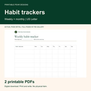 Pode incluir: Um modelo digital de rastreador de h&aacute;bitos semanal com fundo branco e texto preto. O cabe&ccedil;alho diz Printable Pear Designs e Weekly habit tracker. Inclui uma linha para o in&iacute;cio da semana e uma grade para tarefas di&aacute;rias de segunda a domingo.