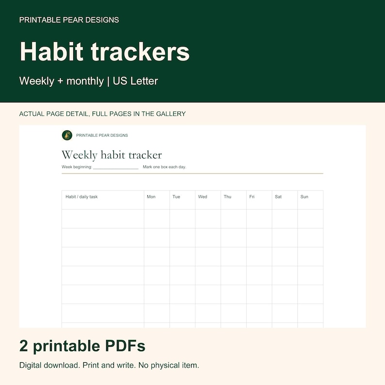 Pode incluir: Um modelo digital de rastreador de h&aacute;bitos semanal com fundo branco e texto preto. O cabe&ccedil;alho diz Printable Pear Designs e Weekly habit tracker. Inclui uma linha para o in&iacute;cio da semana e uma grade para tarefas di&aacute;rias de segunda a domingo.