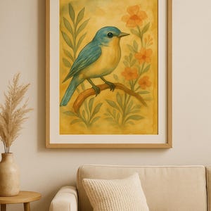 May include: Watercolour painting of a blue and yellow bird perched on a branch, surrounded by orange flowers and green foliage. The artwork is framed in a light brown wooden frame, creating a warm aesthetic. The background is a soft yellow.
