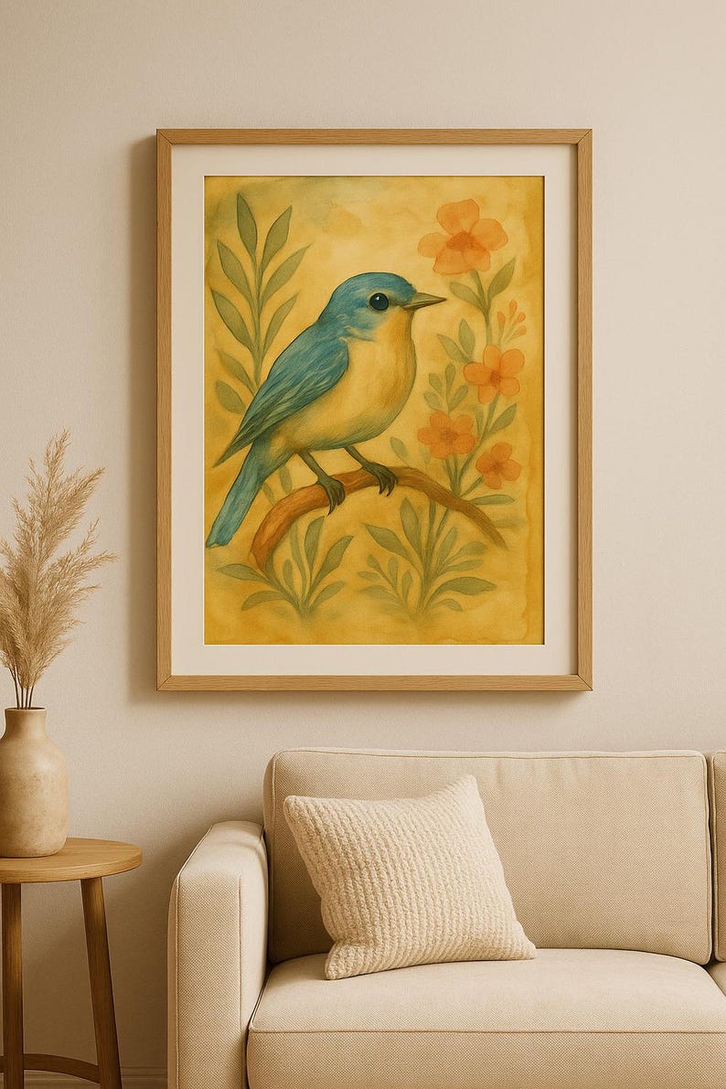May include: Watercolour painting of a blue and yellow bird perched on a branch, surrounded by orange flowers and green foliage. The artwork is framed in a light brown wooden frame, creating a warm aesthetic. The background is a soft yellow.