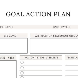 Peut inclure: Un mod&egrave;le de plan d'action d'objectif imprim&eacute; sur papier blanc avec du texte noir. La mise en page comprend des sections pour la date de d&eacute;but, la date de fin, l'objectif, une affirmation ou citation, le domaine de concentration et des cases.
