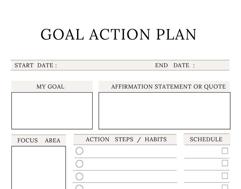 Peut inclure: Un mod&egrave;le de plan d'action d'objectif imprim&eacute; sur papier blanc avec du texte noir. La mise en page comprend des sections pour la date de d&eacute;but, la date de fin, l'objectif, une affirmation ou citation, le domaine de concentration et des cases.