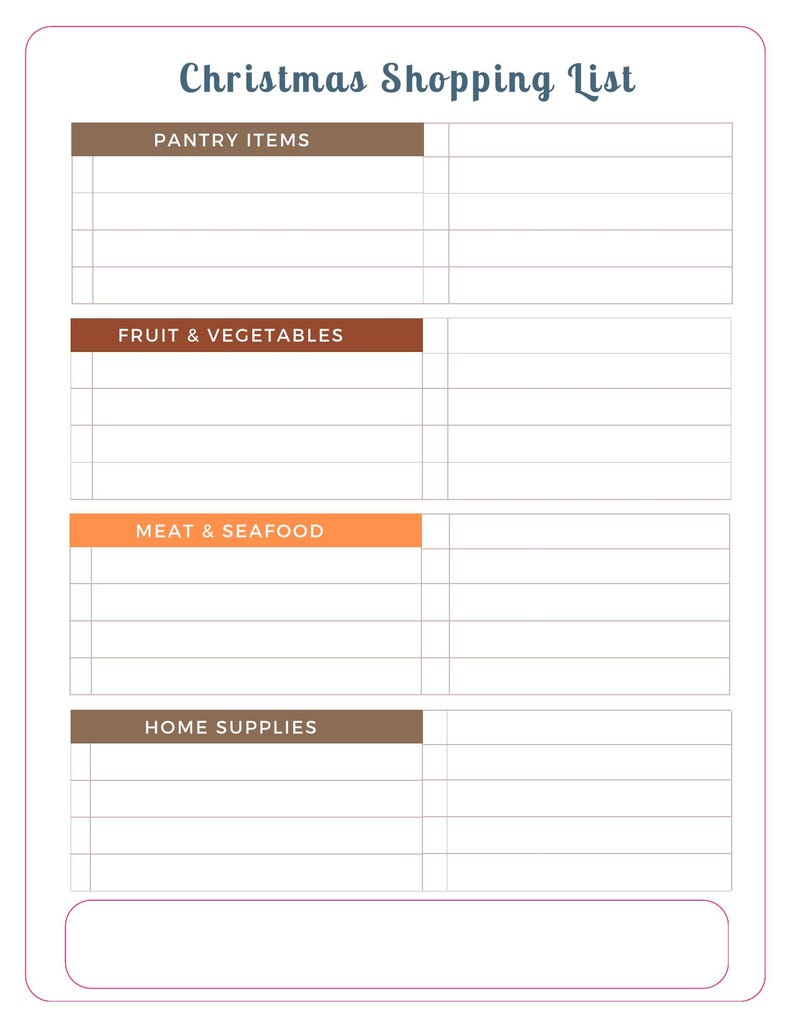Actual Christmas Shopping List worksheet with Pantry Items, Fruit & Vegetables, Meat & Seafood and Home Supplies sections, each with blank writing rows.
