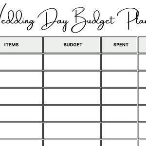 K&ouml;nnte beinhalten: Eine schwarz-wei&szlig;e Wedding Day Budget Planner Vorlage mit einer Tabelle, die vier Spalten mit den Bezeichnungen ITEMS, BUDGET, SPENT und DONE enth&auml;lt. Die Spalte DONE zeigt eine vertikale Reihe schwarzer quadratischer K&auml;stchen.
