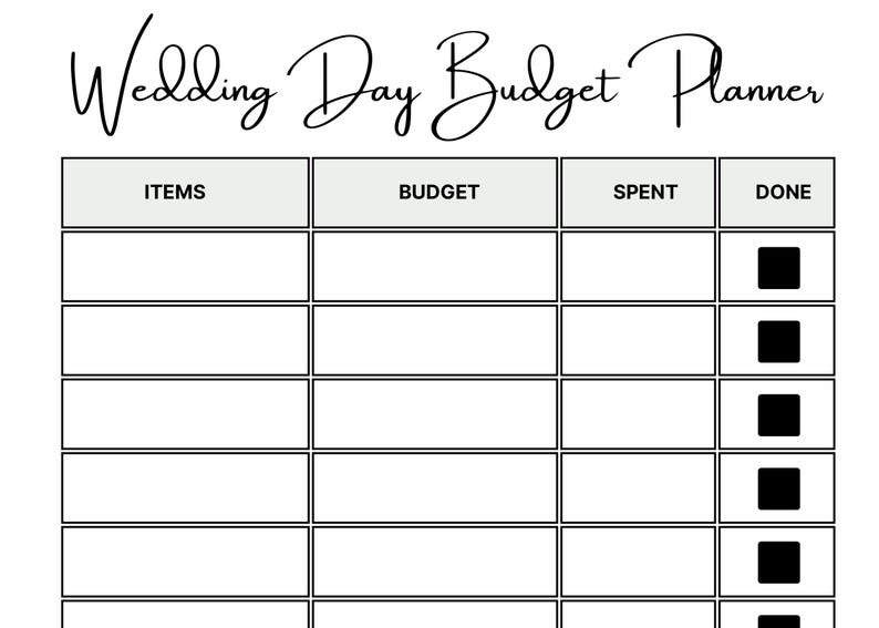K&ouml;nnte beinhalten: Eine schwarz-wei&szlig;e Wedding Day Budget Planner Vorlage mit einer Tabelle, die vier Spalten mit den Bezeichnungen ITEMS, BUDGET, SPENT und DONE enth&auml;lt. Die Spalte DONE zeigt eine vertikale Reihe schwarzer quadratischer K&auml;stchen.