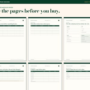 Puede incluir: Seis p&aacute;ginas de planificador imprimibles en blanco con encabezados y bordes de color verde oscuro. Cada p&aacute;gina presenta tablas y texto, incluyendo t&iacute;tulos como Map the systems before something breaks, Turn observations into a short queue.