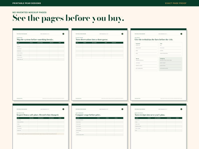 Puede incluir: Seis p&aacute;ginas de planificador imprimibles en blanco con encabezados y bordes de color verde oscuro. Cada p&aacute;gina presenta tablas y texto, incluyendo t&iacute;tulos como Map the systems before something breaks, Turn observations into a short queue.