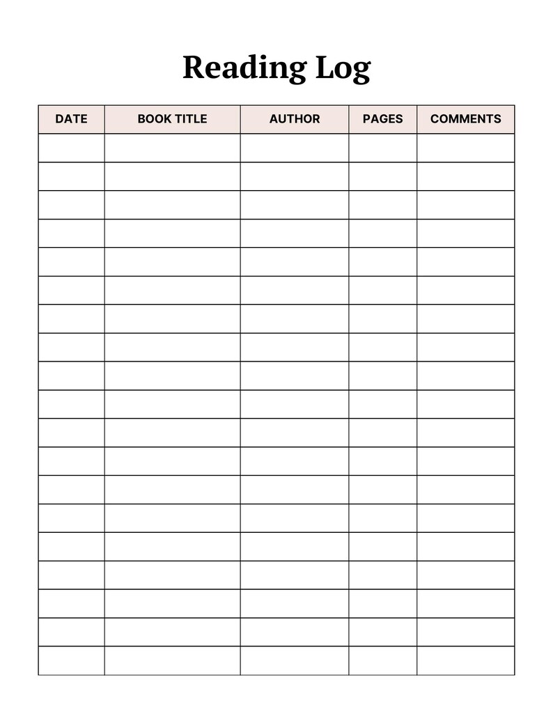 May include: A printable reading log template featuring the bold black text Reading Log at the top. Below, a table with five columns labeled Date, Book Title, Author, Pages, and Comments, with twenty-one blank rows for recording book information.