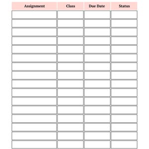 May include: A white assignment log template featuring a bold black header titled Assignment Log and a line for Semester. It includes a table with a light pink header row labelled Assignment, Class, Due Date, and Status, followed by twenty blank rows.