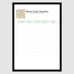 May include: A white plant care tracker with a black border. The top left corner features a leaf pattern in shades of brown and green. The title "Plant Care Tracker" is above a section for plant name, watering, sunlight, fertilizer, and notes.