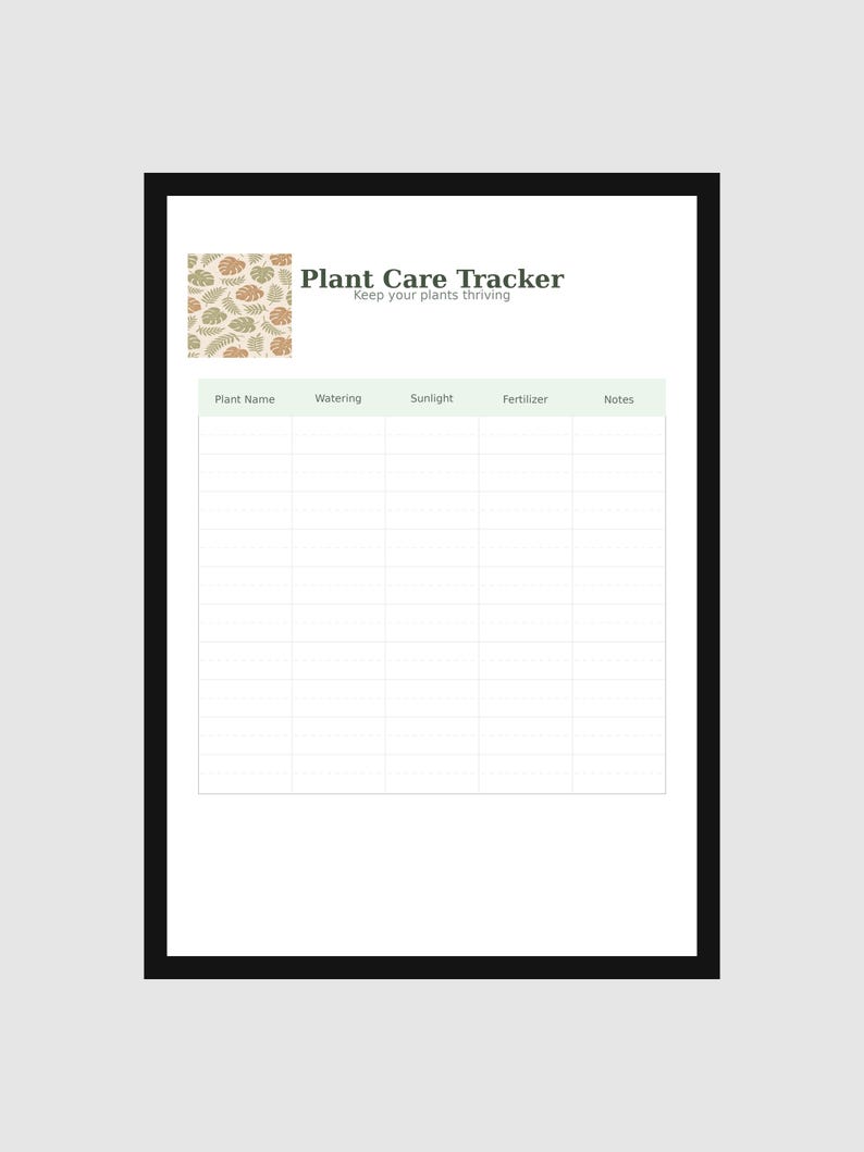 May include: A white plant care tracker with a black border. The top left corner features a leaf pattern in shades of brown and green. The title "Plant Care Tracker" is above a section for plant name, watering, sunlight, fertilizer, and notes.