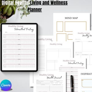 Op de afbeelding: Een digitale planner voor gezond leven en welzijn. De planner bevat secties voor intermitterend vasten, mind mapping, gezondheidsjournalen en inspiratie. De planner is ontworpen in een minimalistische stijl met een witte achtergrond en zwarte tekst.