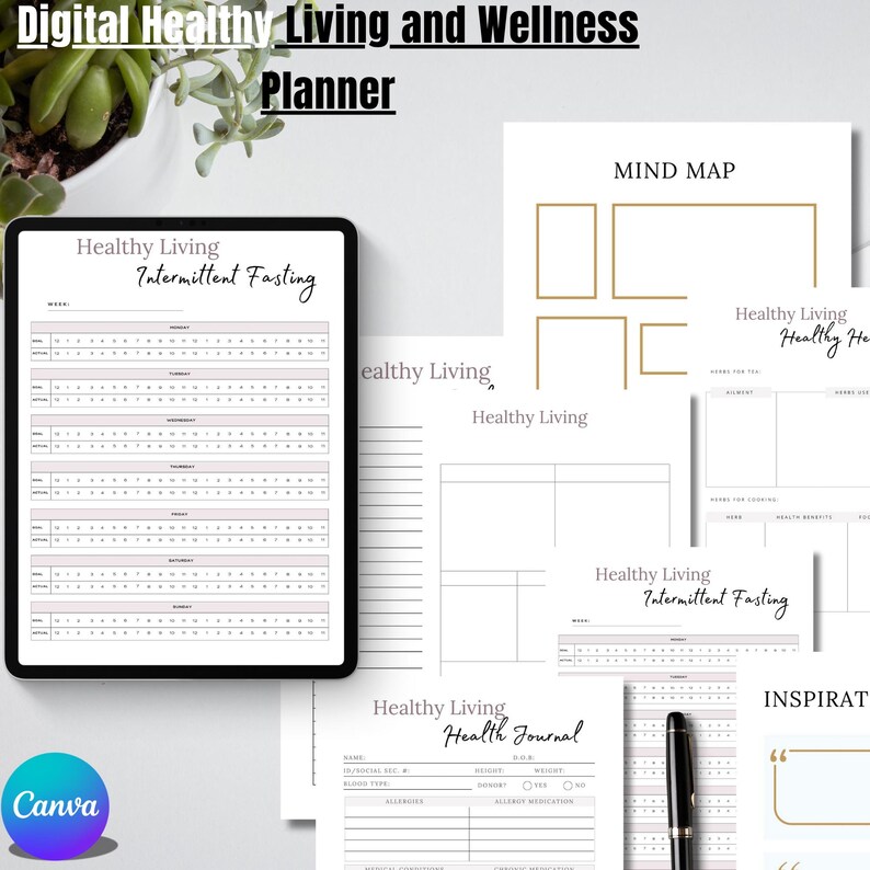 Op de afbeelding: Een digitale planner voor gezond leven en welzijn. De planner bevat secties voor intermitterend vasten, mind mapping, gezondheidsjournalen en inspiratie. De planner is ontworpen in een minimalistische stijl met een witte achtergrond en zwarte tekst.