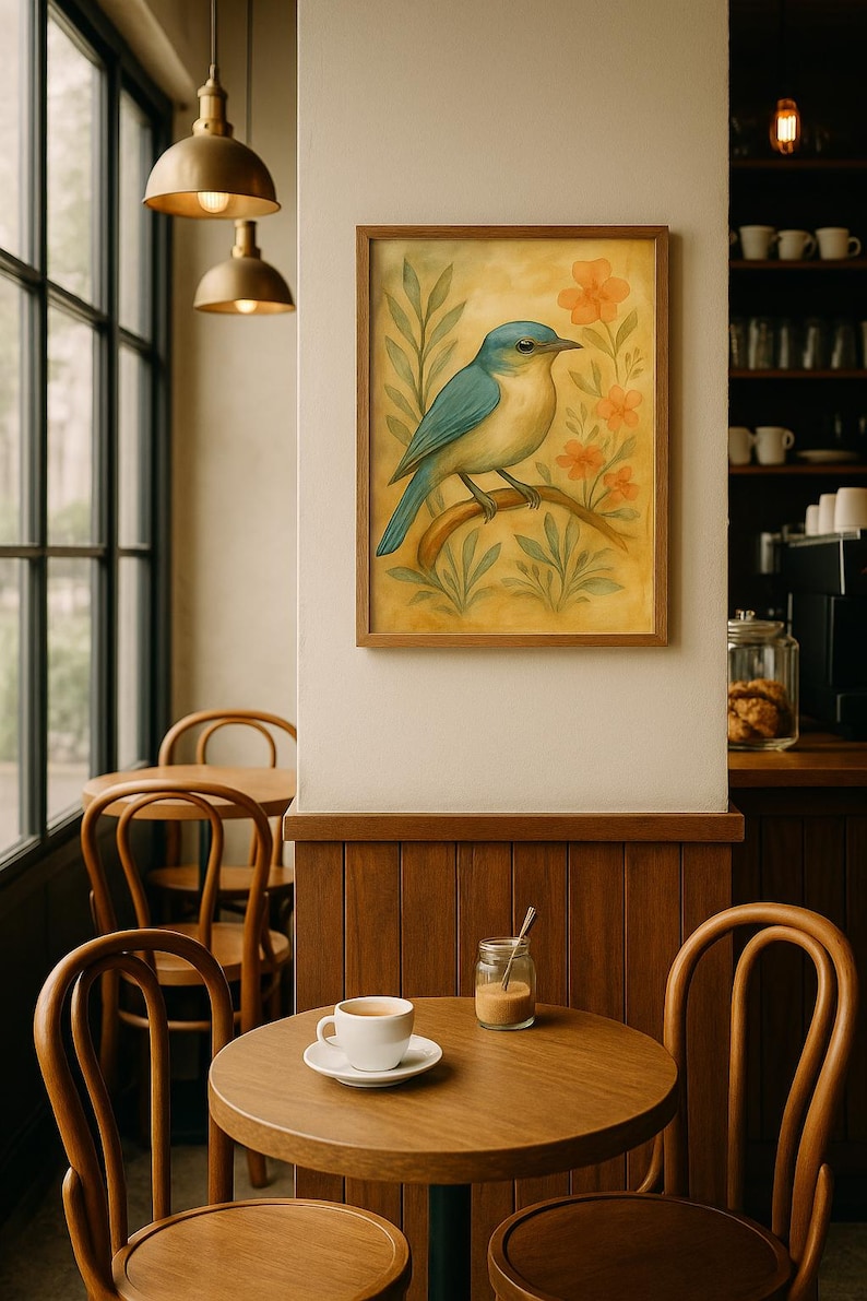 May include: A framed watercolour painting of a bluebird on a branch, with orange flowers and green foliage. The painting hangs on a cream wall above a wooden table with a cup of coffee and a small jar. The scene is set in a cafe.