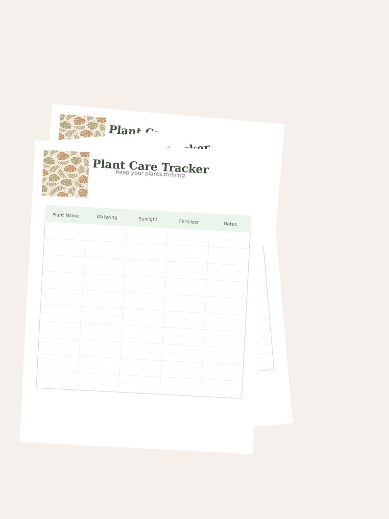May include: Two white Plant Care Tracker sheets with a botanical design. The top sheet has the title "Plant Care Tracker" and the subtitle "Keep your plants thriving". The sheets have columns for plant name, watering, sunlight, fertilizer, and notes.
