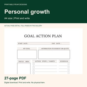 Peut inclure: Un mod&egrave;le de plan d'action pour objectifs au format A4 avec du texte noir sur fond blanc. La mise en page comprend des champs pour la date de d&eacute;but, la date de fin, l'objectif, les affirmations, les habitudes et un planning &agrave; cocher.