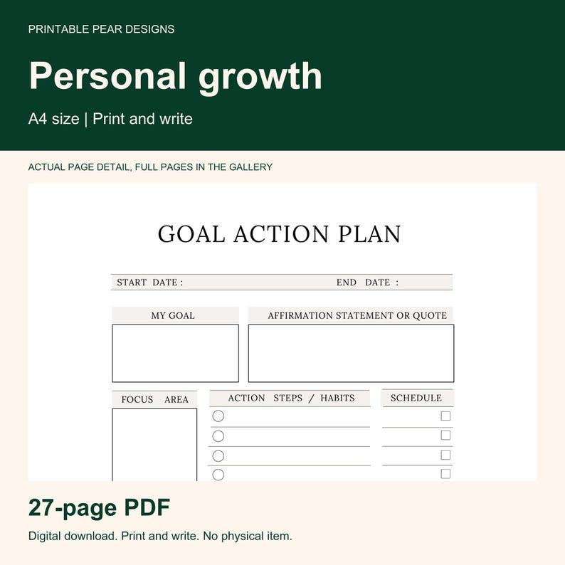Peut inclure: Un mod&egrave;le de plan d'action pour objectifs au format A4 avec du texte noir sur fond blanc. La mise en page comprend des champs pour la date de d&eacute;but, la date de fin, l'objectif, les affirmations, les habitudes et un planning &agrave; cocher.