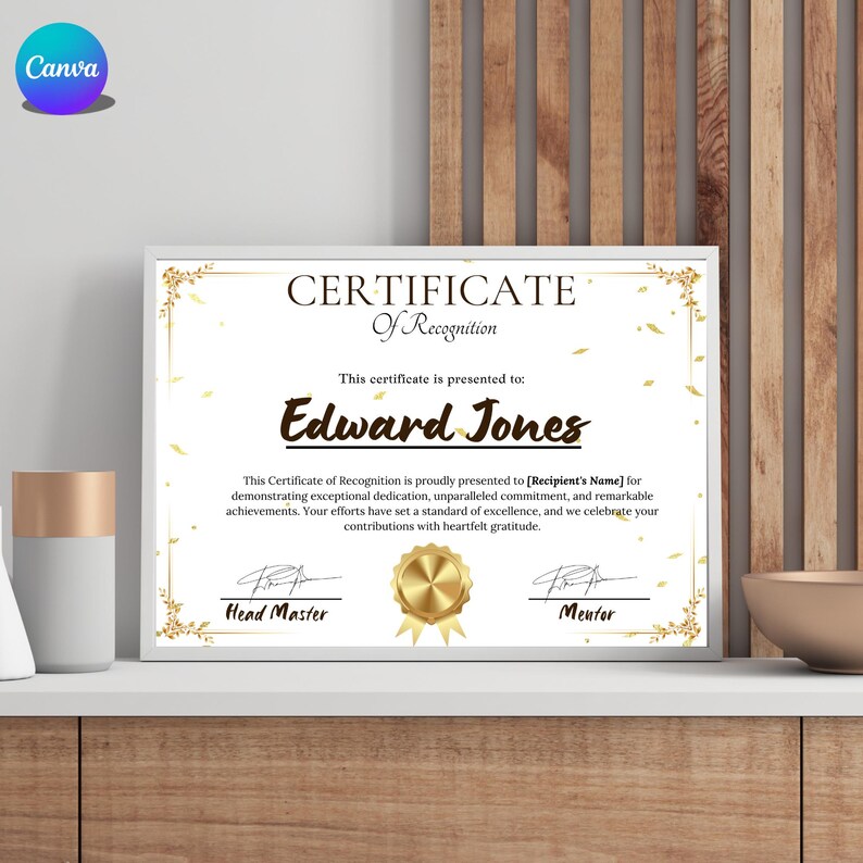 Certificate of Recognition presented to Edward Jones. It highlights his exceptional dedication, commitment, and achievements, celebrating his contributions. The certificate features a decorative border, a golden seal.