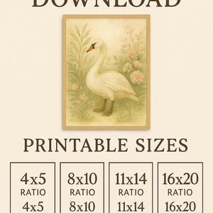 May include: A framed print with a watercolour illustration of a white swan with a yellow beak, set against a backdrop of foliage and flowers. Available in sizes such as 10x13, 20x25, 28x35, and 41x51 cm. The text at the top says "INSTANT DOWNLOAD".