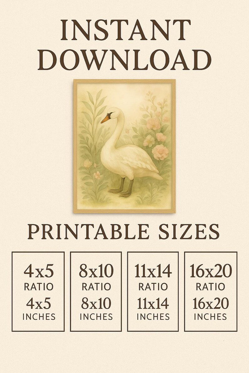 May include: A framed print with a watercolour illustration of a white swan with a yellow beak, set against a backdrop of foliage and flowers. Available in sizes such as 10x13, 20x25, 28x35, and 41x51 cm. The text at the top says "INSTANT DOWNLOAD".