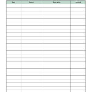 Actual Income Tracker worksheet from the included PDF. A mint header row labels Date, Source, Description, and Amount above blank rows for written entries.