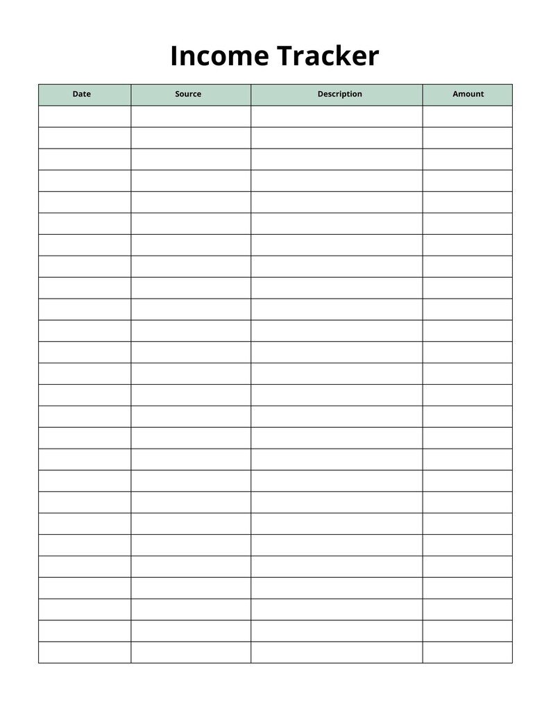 Actual Income Tracker worksheet from the included PDF. A mint header row labels Date, Source, Description, and Amount above blank rows for written entries.