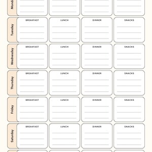May include: A printable weekly meal planner with a beige background and black text. The planner is divided into seven days of the week, with columns for breakfast, lunch, dinner, and snacks.