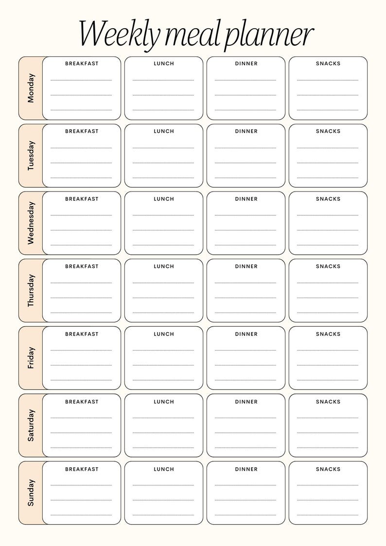 May include: A printable weekly meal planner with a beige background and black text. The planner is divided into seven days of the week, with columns for breakfast, lunch, dinner, and snacks.