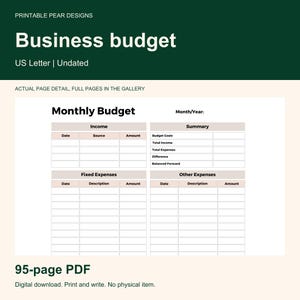 May include: A digital business budget template in US Letter size. The document features sections for Monthly Budget, Income, Summary, Fixed Expenses, and Other Expenses with columns for Date, Source, Description, and Amount. Text includes Printable Pear Designs.
