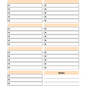 Actual Grocery List worksheet with seven blank category headings, item rows and a Notes area.