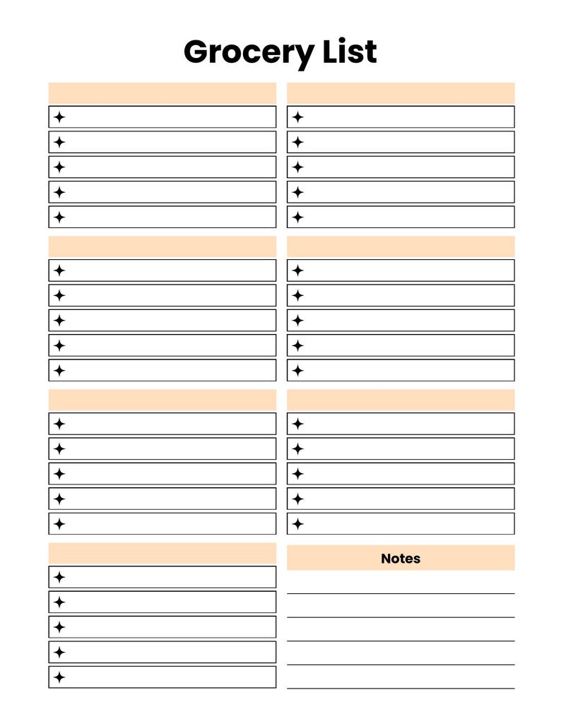 Actual Grocery List worksheet with seven blank category headings, item rows and a Notes area.