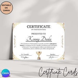 Certificate of Participation" awarded to "Kenny Dada." It highlights his valuable contributions and enthusiastic involvement, recognizing dedication and commitment. Decorative elements include a trophy graphic and signatures from the Co-Founder.