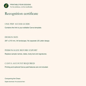 K&ouml;nnte beinhalten: Eine digitale Anerkennungsurkunde-Vorlage mit dunkelgr&uuml;nem Text auf hellcremefarbenem Hintergrund. Der Text enth&auml;lt Printable Pear Designs, One PDF Access Guide, Design Size 297 x 210 mm, A4 landscape und Canva account required.