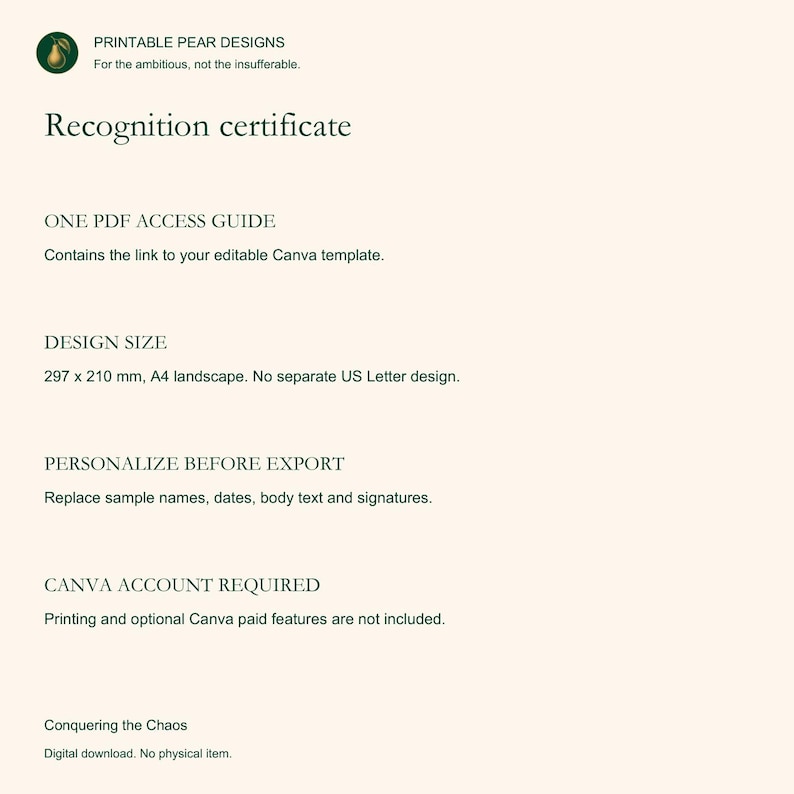 K&ouml;nnte beinhalten: Eine digitale Anerkennungsurkunde-Vorlage mit dunkelgr&uuml;nem Text auf hellcremefarbenem Hintergrund. Der Text enth&auml;lt Printable Pear Designs, One PDF Access Guide, Design Size 297 x 210 mm, A4 landscape und Canva account required.