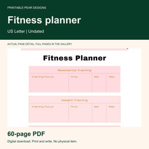 May include: A digital fitness planner page with a white background and light pink sections. The header reads Fitness Planner. Two tables labelled Resistance Training and Weight Training include columns for Training Focus, Time, Set, and Rep.