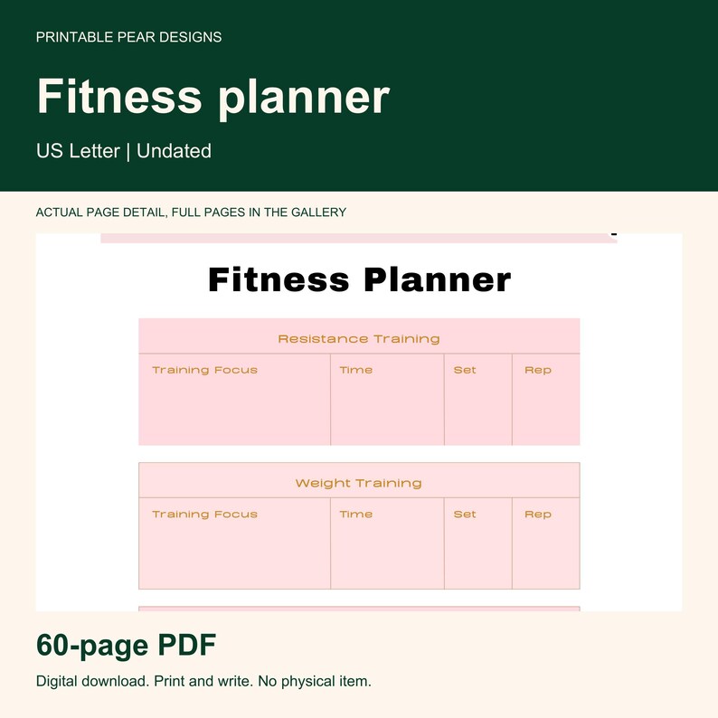 May include: A digital fitness planner page with a white background and light pink sections. The header reads Fitness Planner. Two tables labelled Resistance Training and Weight Training include columns for Training Focus, Time, Set, and Rep.